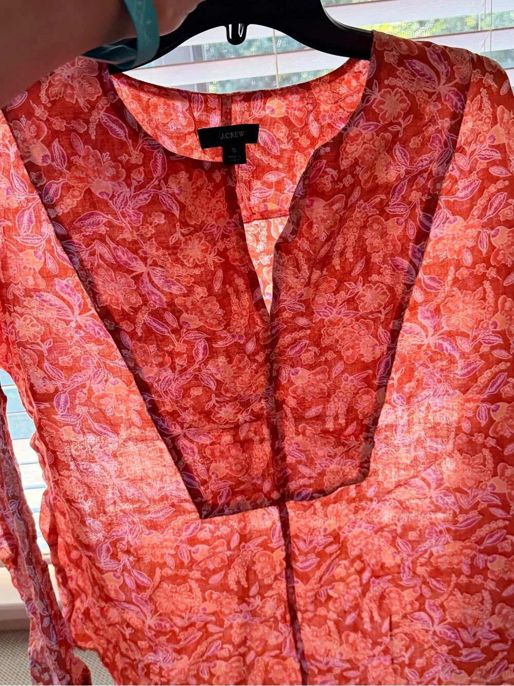 J. Crew Rusty-Orange Floral Ramie Fabric Split-Neck Tunic #129